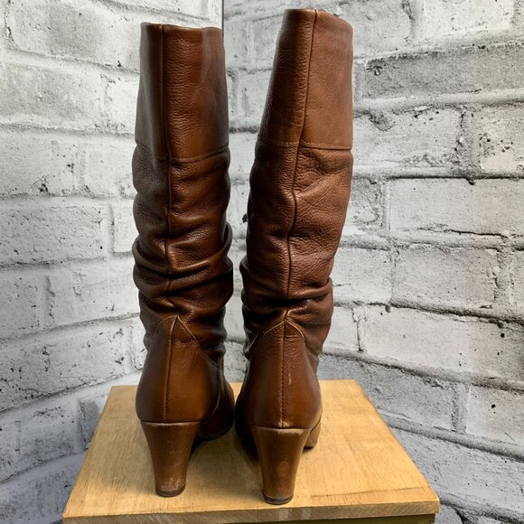 Vintage 70s Slouch Boots 38 US 7.5 Cognac Leather Retro Boho Knee High Mid Heel - Picture 6 of 15